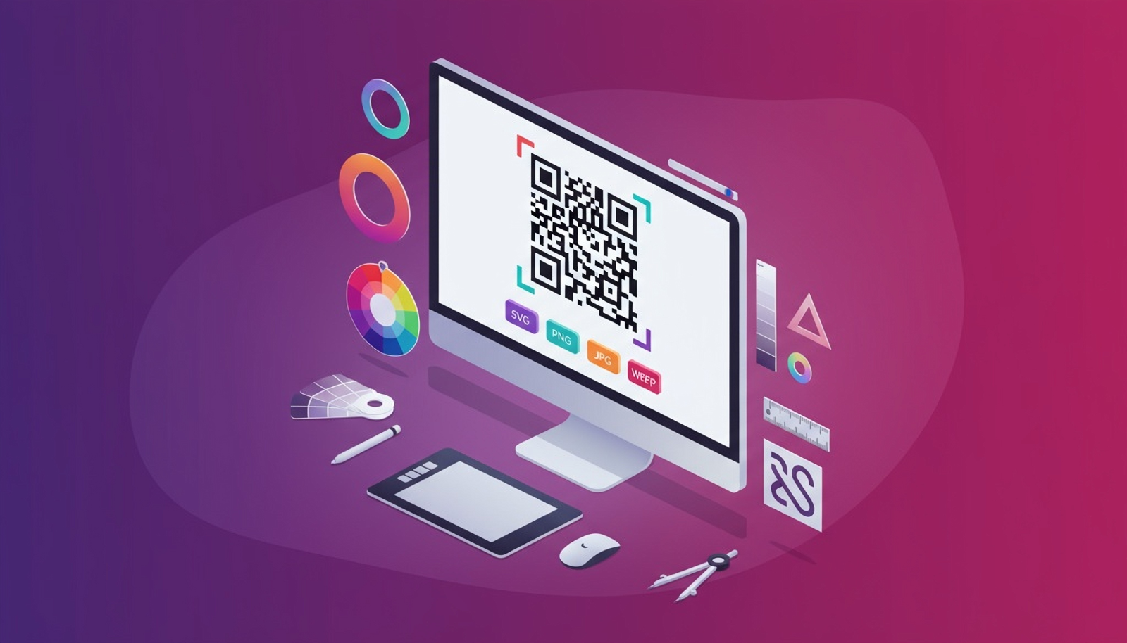 Designer workspace showing QR code file formats SVG, PNG, JPG and WEBP for print-ready QR export.