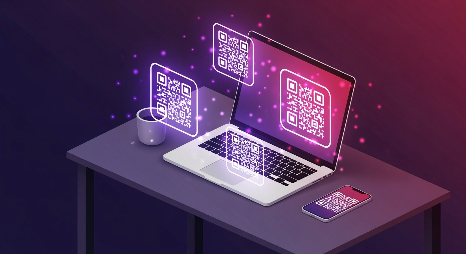 Introducing QRUpp – workspace illustration showing laptop and phone with smart QR code tools.