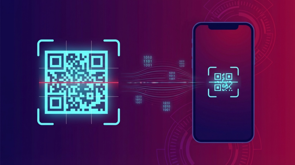 Illustration showing how a smartphone scans and decodes a QR code using grid patterns and error correction