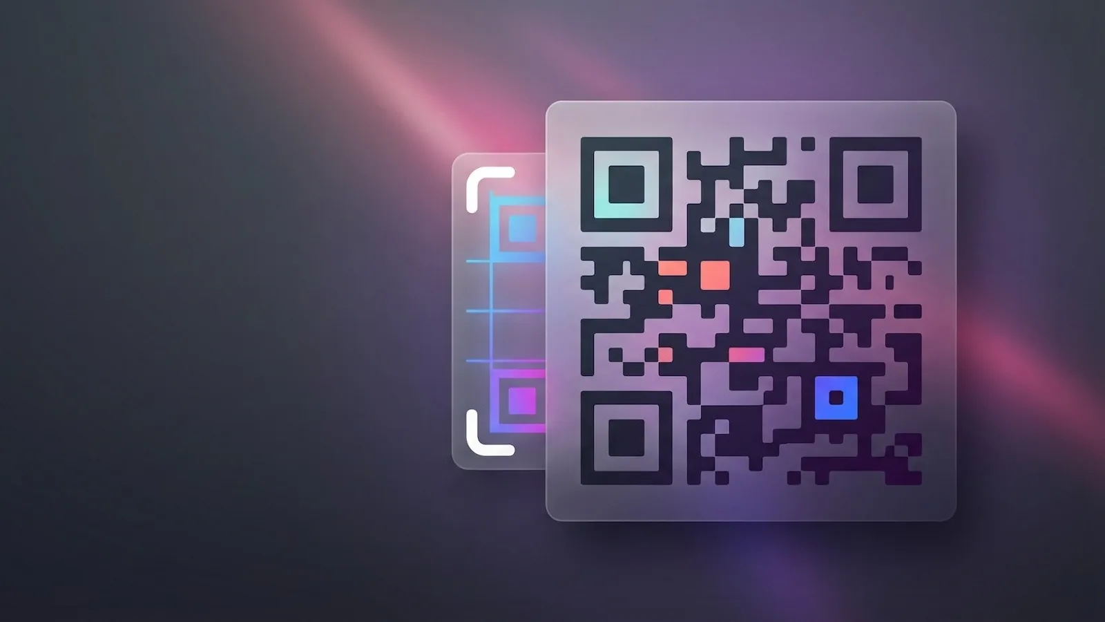 Stylised QR code with highlighted data modules and technical grid layout on a dark gradient background