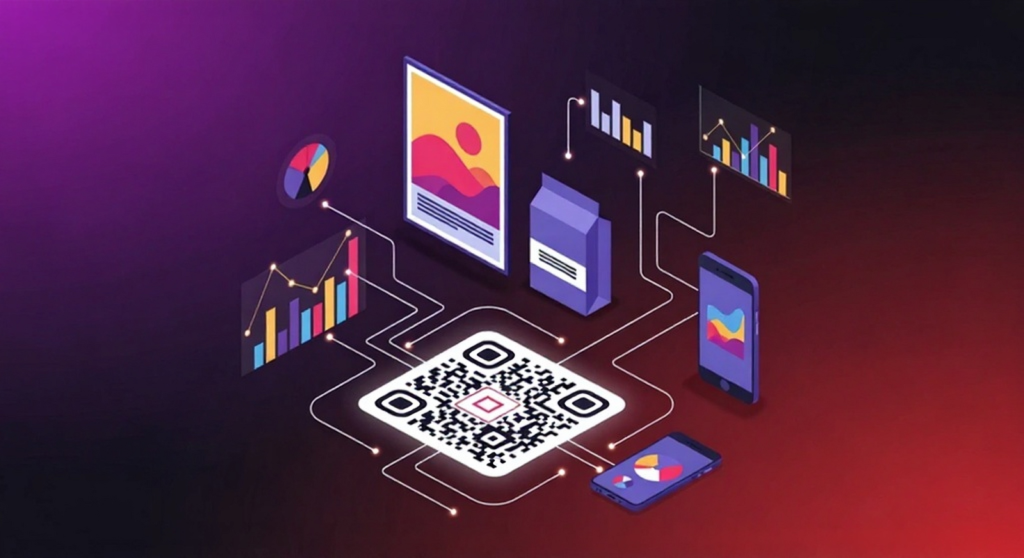 Marketing assets with QR codes and analytics – illustration for QR marketing strategies and tracking.