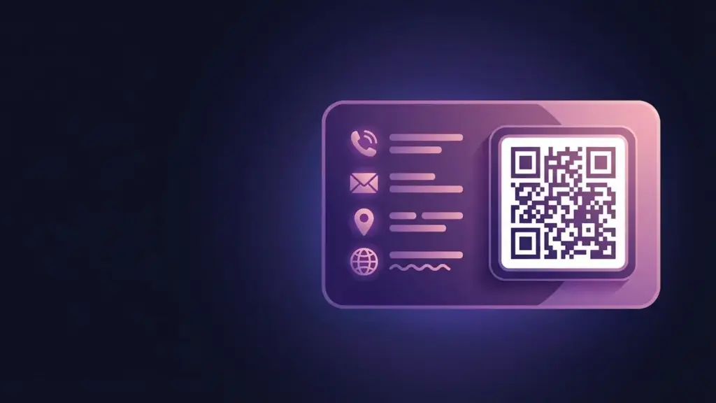 QR code for digital business card displayed on a stylised business card design